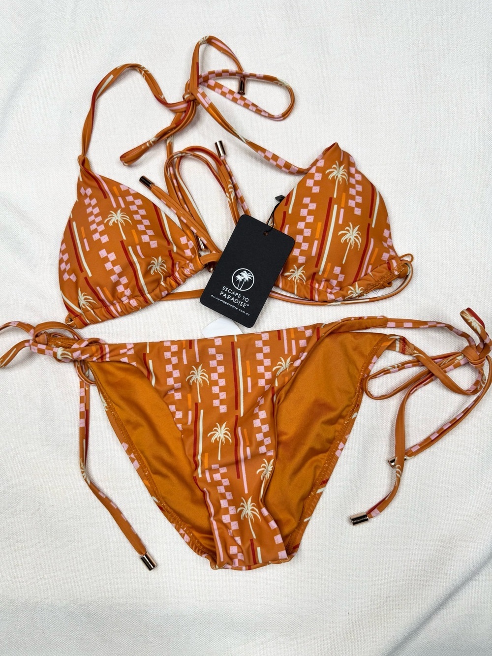 Escape To Paradise Bikini Set Size 12 Orange Palm Print Triangle Top Tie-Side